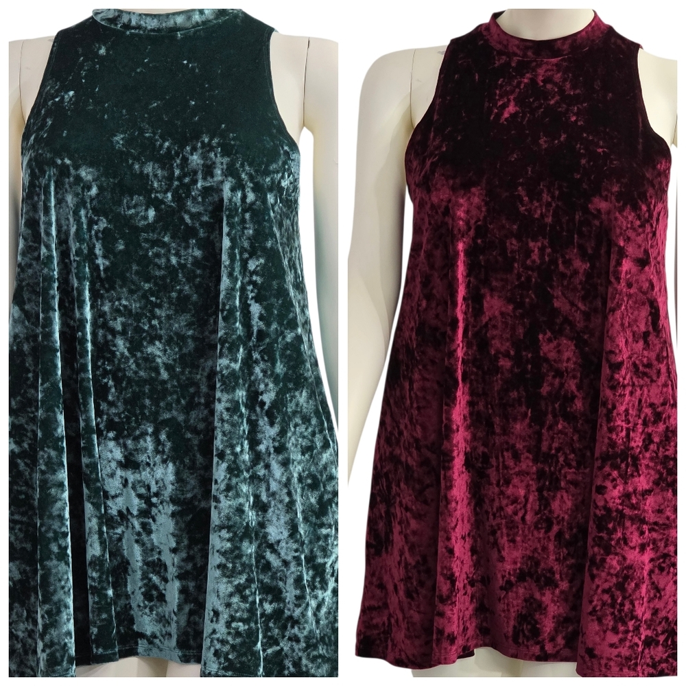 Arizona Jeans Crushed Velvet Swing Dress Bundle XL Burgundy Green Keyhole Back